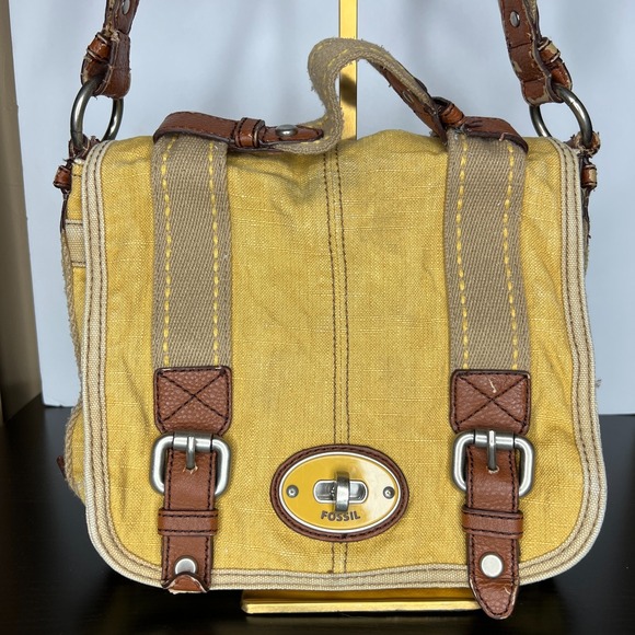 Fossil Yellow Canvas Crossbody Messenger Bag Leather Trim Buckle Flap Organizer - Picture 3 of 14